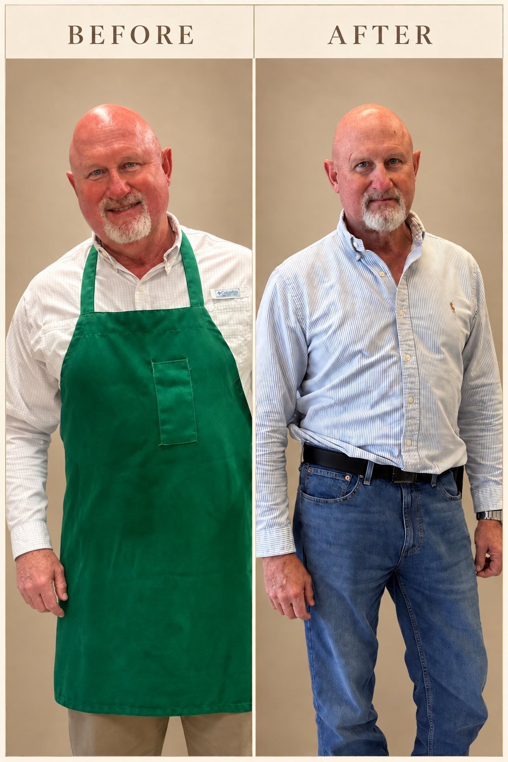 Before and after of a male medical weight loss patient at The Edit, full body front view