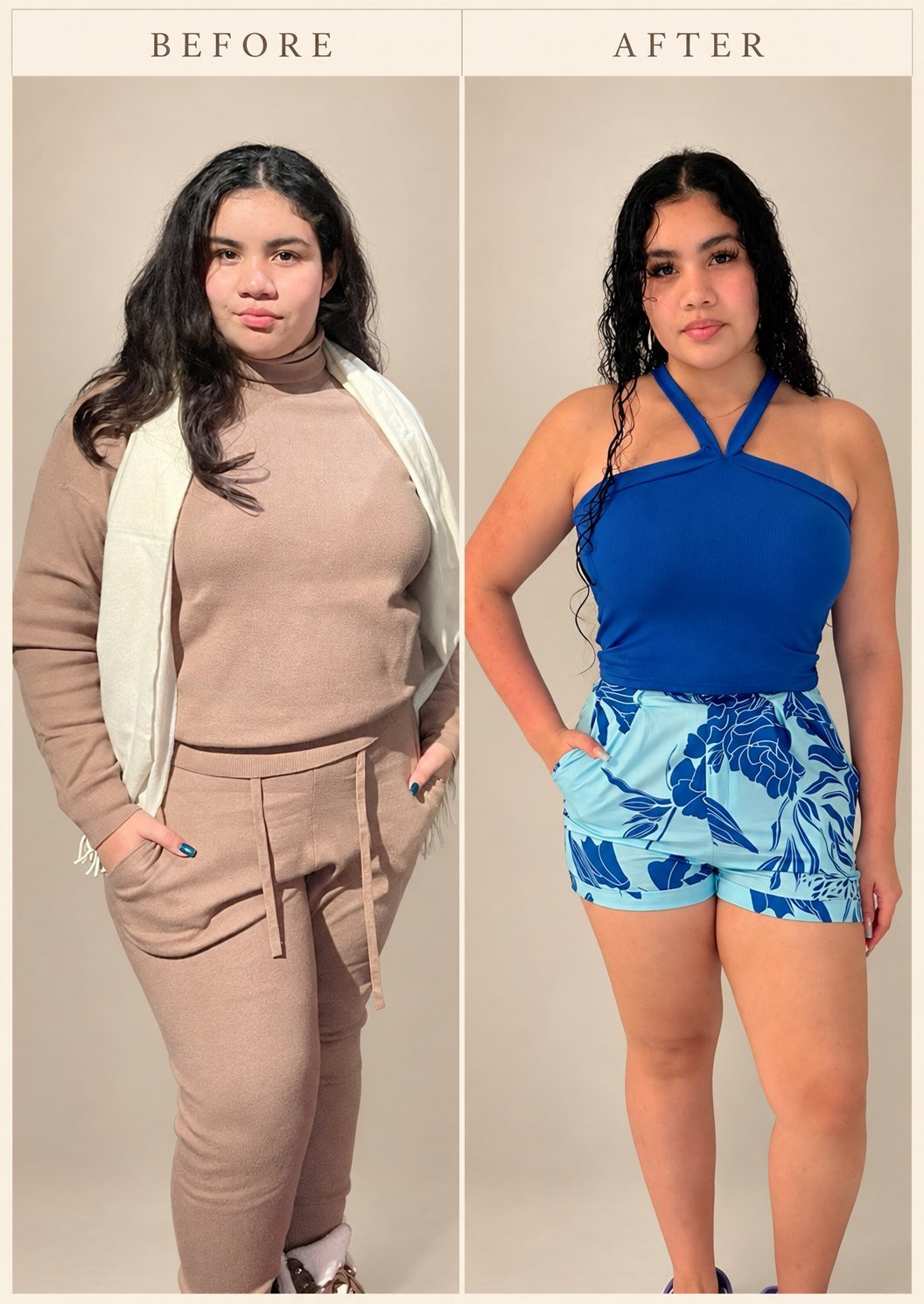 Before and after of a female medical weight loss patient at The Edit, full body front view