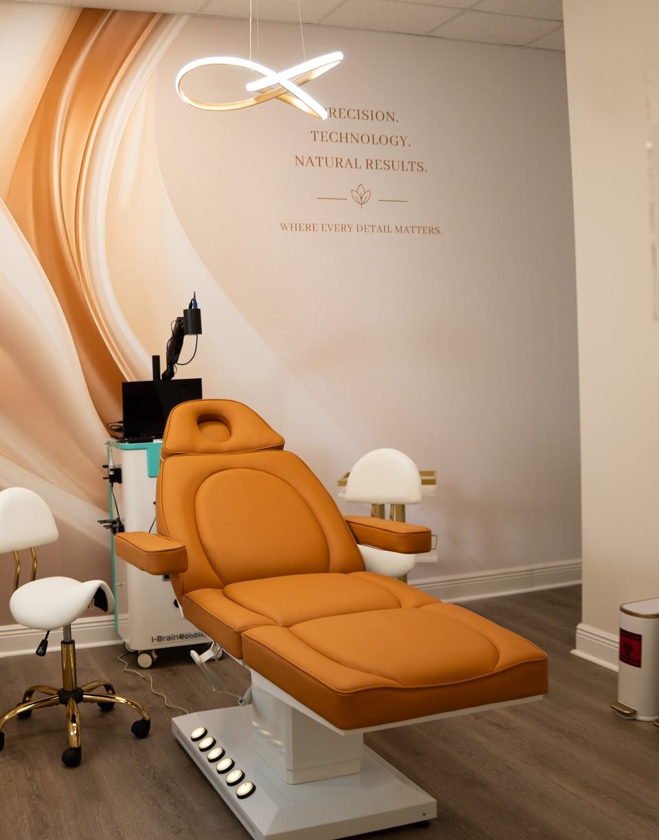 Treatment room at The Edit in Kendall with the wall message Precision, Technology, Natural Results
